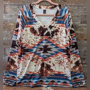 Boho Western Aztec Long Sleeve Tee New